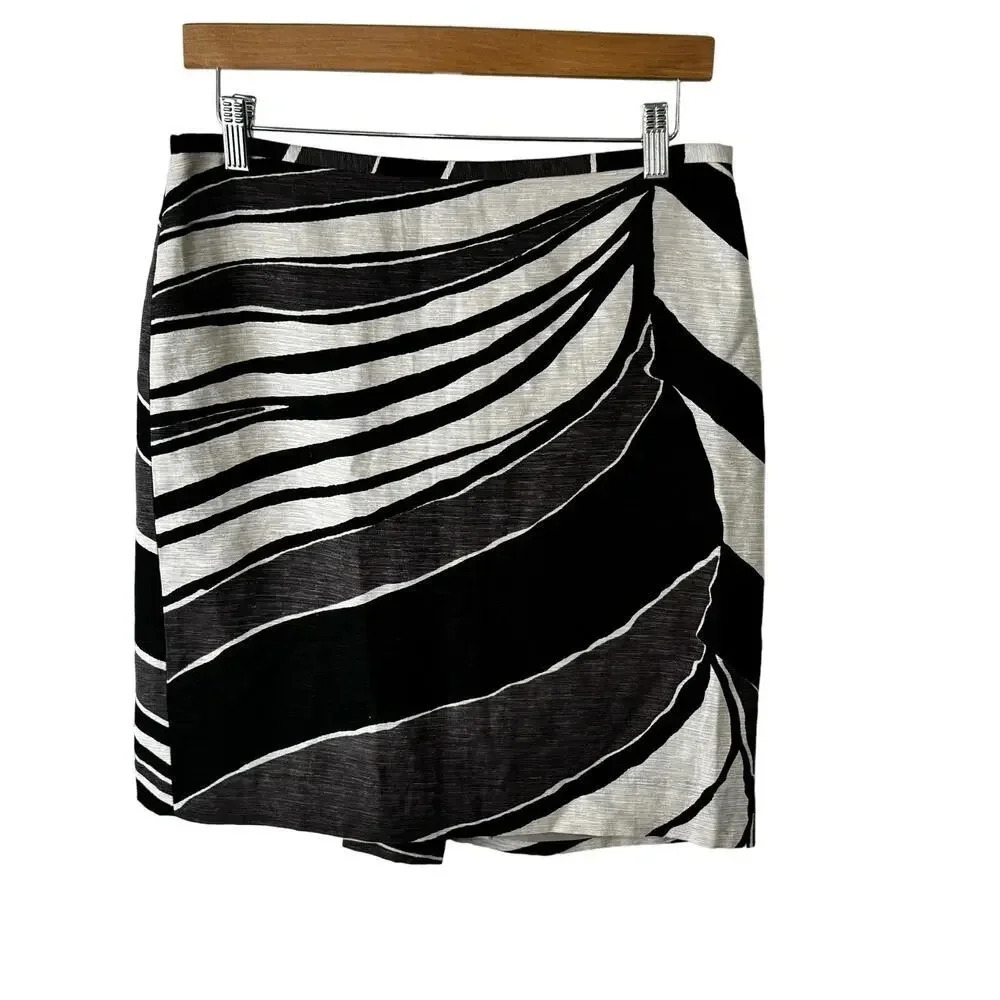 Ann Taylor Silk Linen Neutral Black Cream Wave Zebra Pencil‎ Skirt Women's 6P